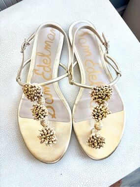 Sam Edelman Metallic Gold w/ Raffia Pom-Pom Sandals
